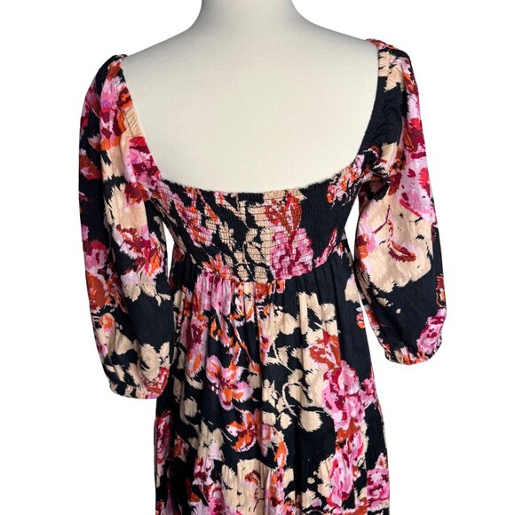 Anthropologie 100% Cotton Boho Black Floral Pink Maxi‎ Dress Balloon Sleeve - Picture 14 of 16